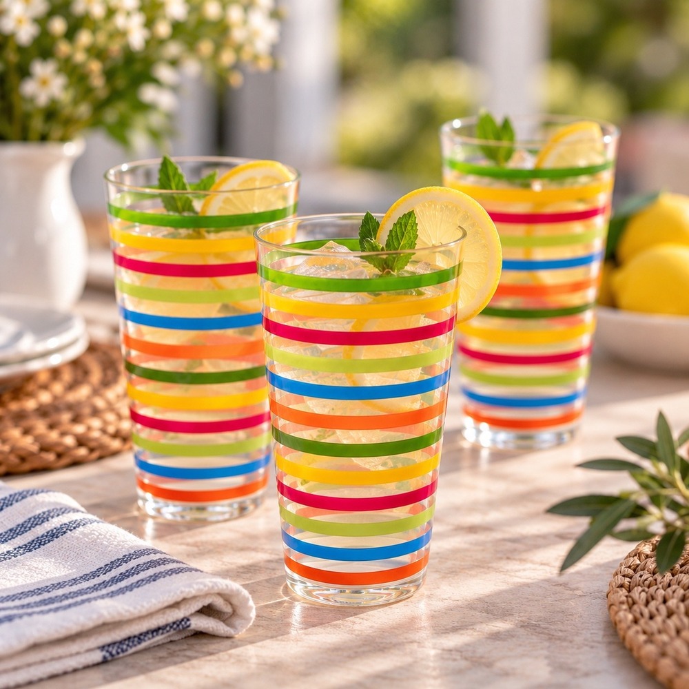 11 PC Rainbow Stripe Plastic Tumblers Retro Patio Poolside Drinkware Dopamine